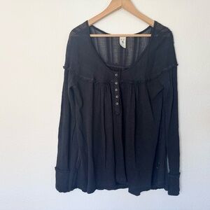 Free People Down Under Henley Thermal Top - Black (Size L)